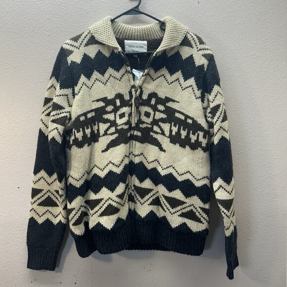 RIVER ISLAND Native Jacket Southwestern Indie Tribal Sherpa Lined Shawl Collar - Picture 1 of 6